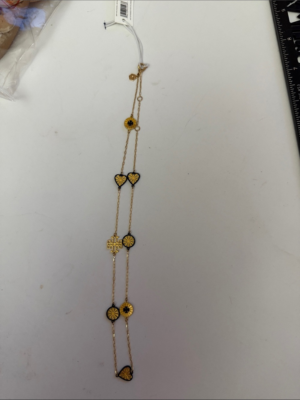Tory Burch Gold Chain Necklace with Yellow and Black Heart & Medallion Accents